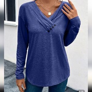 SHEIN Deep Blue V-Neck Long Sleeve Blouse